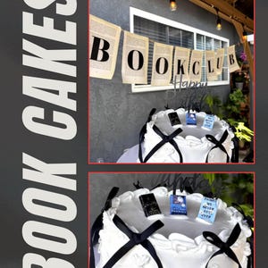 Peut inclure: Un g&acirc;teau blanc d&eacute;cor&eacute; de rubans noirs et de petits toppers en forme de livre. Le g&acirc;teau fait partie d'un th&egrave;me de club de lecture, avec une banni&egrave;re qui dit "BOOK CLUB" et un cake topper "Happy Birthday".