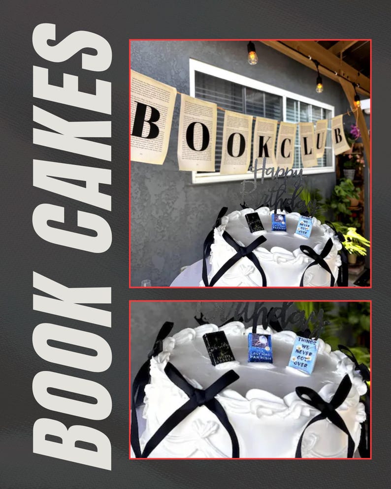 Peut inclure: Un g&acirc;teau blanc d&eacute;cor&eacute; de rubans noirs et de petits toppers en forme de livre. Le g&acirc;teau fait partie d'un th&egrave;me de club de lecture, avec une banni&egrave;re qui dit "BOOK CLUB" et un cake topper "Happy Birthday".