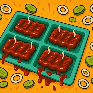May include: Illustration of a meal with four portions of barbecued ribs in a teal tray, with steam rising. The ribs are surrounded by green pickles and white onion rings on an orange background.