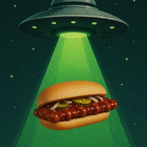 May include: Illustration of a sandwich being illuminated by a green beam from a UFO. The sandwich has a bun, pickles, onions, and a red-sauce-covered patty. The background is a dark green night sky with stars.