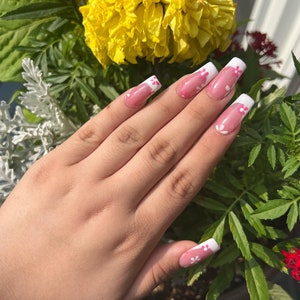 PINK FLOWERS and white french tip press on nails set