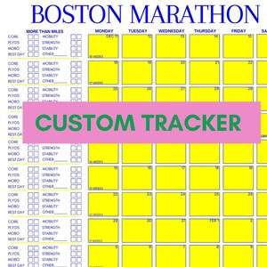 May include: A yellow and blue printable calendar for tracking training for the Boston Marathon in 2024. The calendar includes sections for core, plyos, mobo, strength, stability, and other types of training. The calendar also includes a section for weekly mileage and a section for race results.