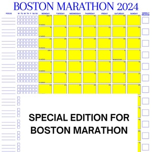 May include: A printable calendar for training for the Boston Marathon in 2024. The calendar is yellow with blue borders and includes weekly mileage goals. The calendar starts in December and ends in April with the race day highlighted.
