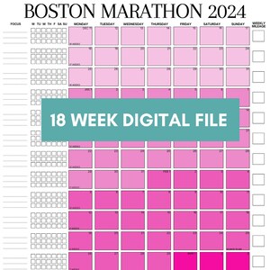 以下が含まれることがあります： ボストンマラソン2024のための18週間のトレーニングカレンダーを印刷できます。カレンダーは、週の各曜日をピンクと赤の正方形で色分けしています。カレンダーには、週間走行距離のセクションとレース結果のセクションが含まれています。