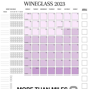 May include: A printable calendar for 2023 with a purple and white color scheme. The calendar is titled "Wineglass 2023" and includes a section for tracking weekly mileage. The calendar is designed for runners and includes a section for tracking race days.