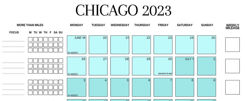 May include: A printable calendar for June and July 2023 with a light blue background. The calendar is designed for tracking mileage with a section for weekly mileage and a section for more than miles with columns for each day of the week.