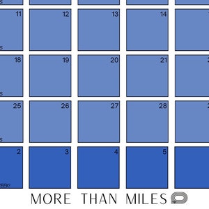 May include: A blue and white calendar with the text "More Than Miles" and "Race Day!"  The calendar shows the days leading up to October 1st, with each day marked with a number.