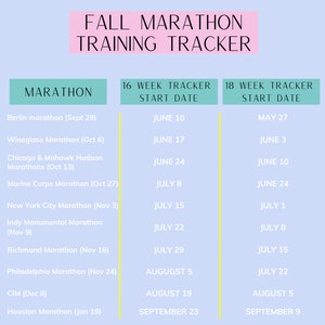 May include: A chart with a light blue background and pink and teal headings. The chart lists fall marathons with their dates and provides two training tracker options: 16-week and 18-week. The chart includes marathons such as Berlin, Wineglass, Chicago & Mohawk Hudson, Marine Corps, New York City, Indy Monumental, Richmond, Philadelphia, CIM, and Houston.