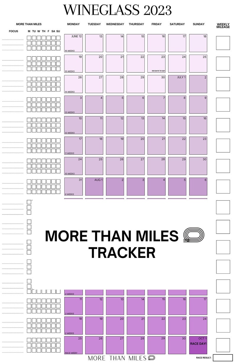 May include: A printable calendar for 2023 with a purple and white color scheme. The calendar is titled "Wineglass 2023" and includes a section for tracking weekly mileage. The calendar is designed for runners and includes a section for tracking race days.
