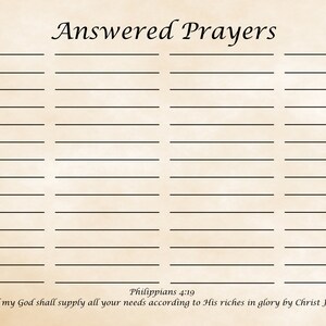 May include: A printable journal page with the title "Answered Prayers" and a quote from Philippians 4:19, "And my God shall supply all your needs according to His riches in glory by Christ Jesus."