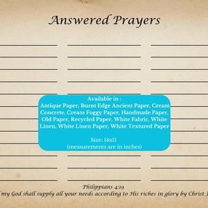 May include: A beige paper with the words "Answered Prayers" at the top. The paper has horizontal lines for writing and a blue box listing paper types and size 14x11 inches. A Bible verse is at the bottom.