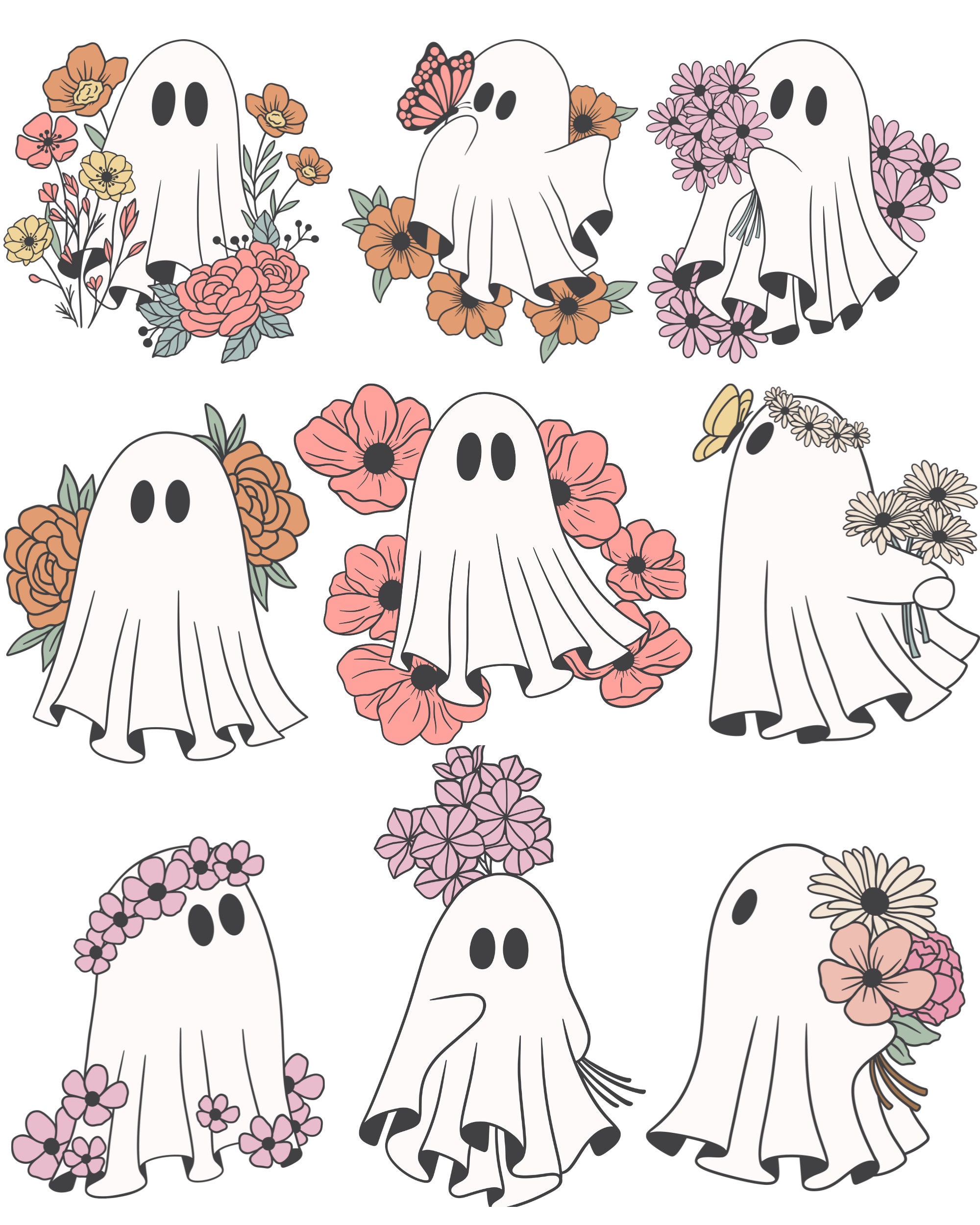 Cute Flower Ghosts Bundle PNG ONLY Digital Download, Cricut Silhouette
