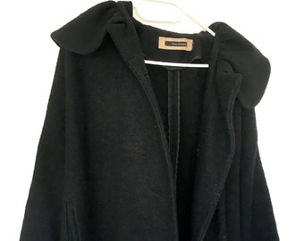 Tara Jarmon Black Wool Trapeze Coat with Oversized Collar 2 Buttons - Size 36 /Tara Jarmon Manteau Trapeze Laine Noir Grand Col Vintage 1990