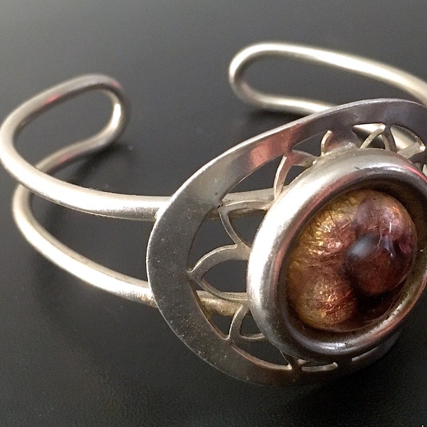 Vintage Fire Agate Silver Metal Cuff Bangle/ Bracelet Manchette Metal Argent Pierre Agathe de Feu Réglable