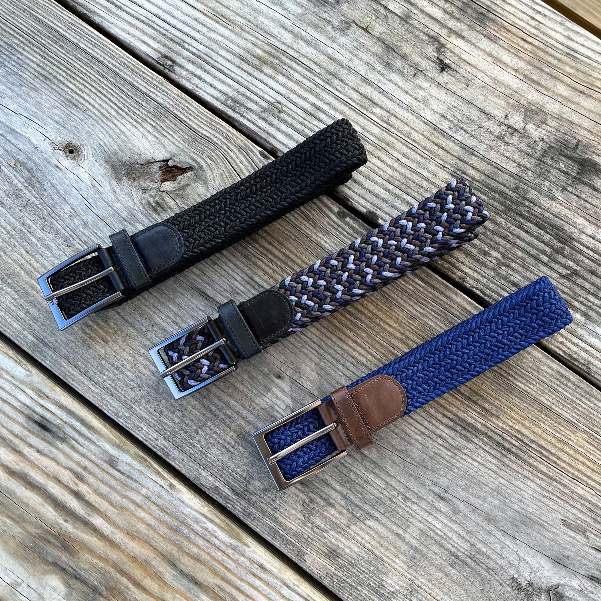 Braided Belt High Quality Stretch Belt, Gray, Black and Olive Colorful Acents and Genuine ...