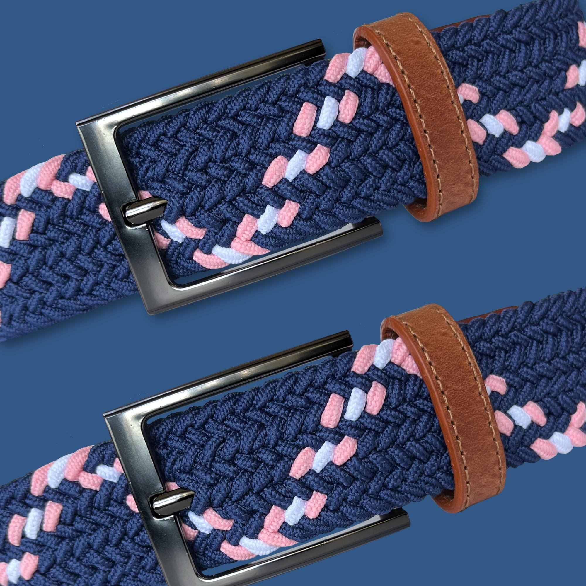 Blue Pink Braided Stretch Belt With Genuine Leather Ends 