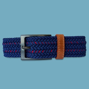 Mens Braided Belt, Blue Navy Color with Red lines acents and Genuine Leather finishes,  Unique Design, Gift for Men - Knute