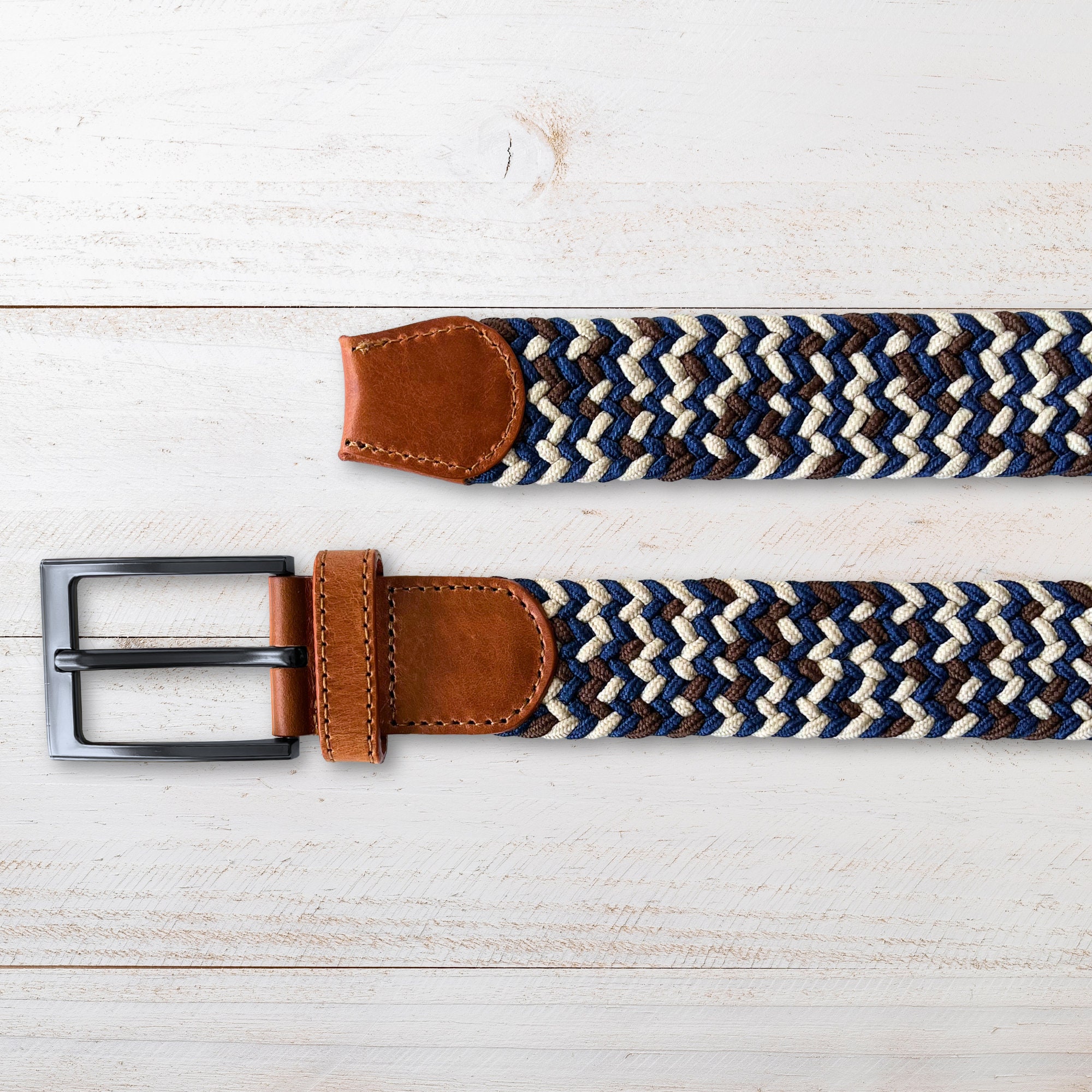 Braided Navy & White Men’s or Women’s Woven Belt with Brown Leather Trim Nautical Blue and Cream Braided Rope Belt With Brown Leather  main image 2