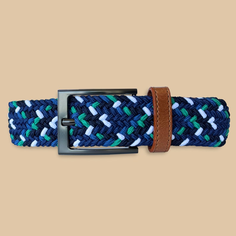 Mens Braided Belt Handcrafted With Blue, Green and White Accents and