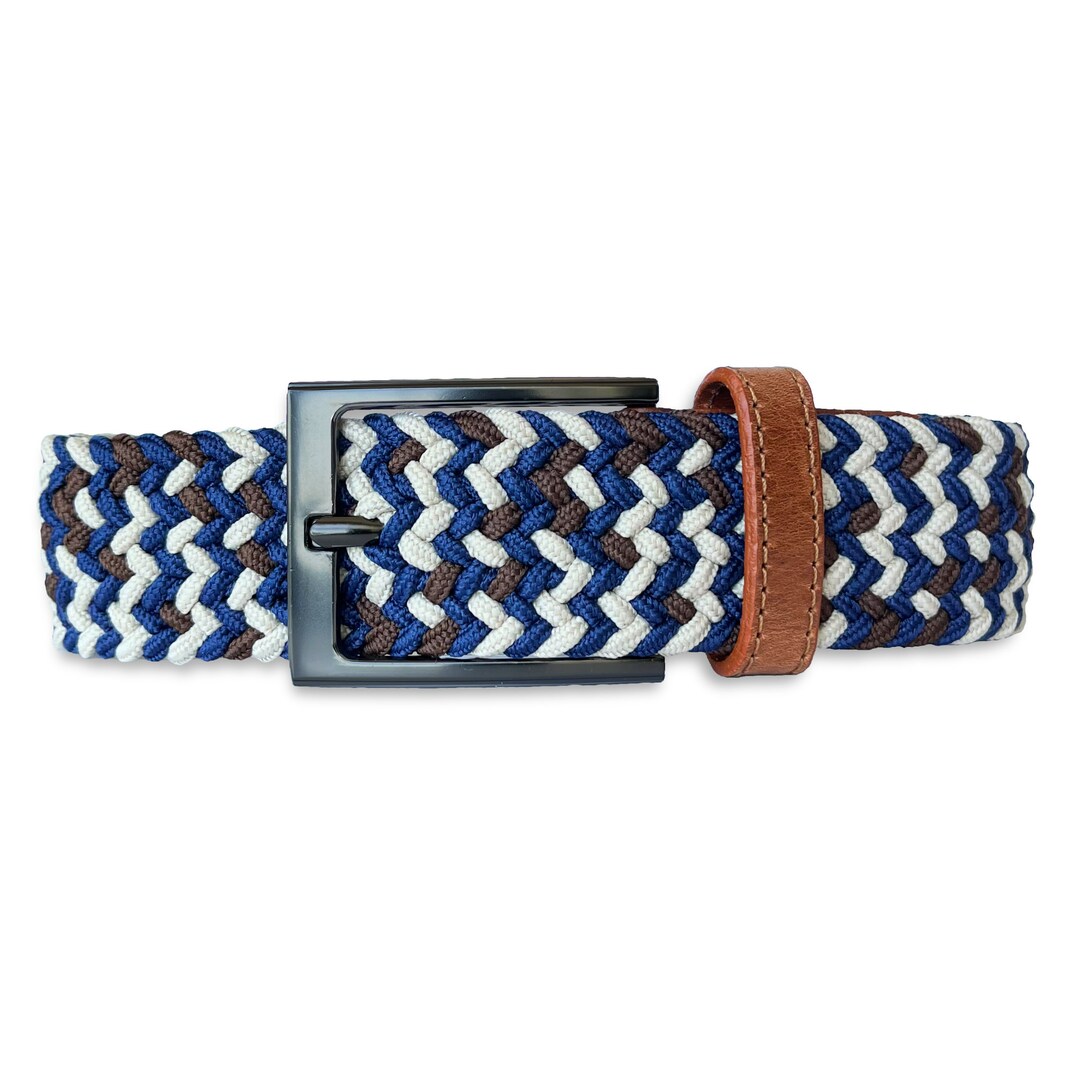 Mens Braided Belt With Beige, Brown and Blue Colorful Acents and