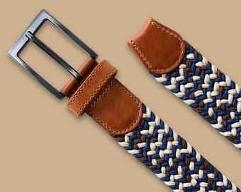 Khaki Brown Braided Stretch Belt with Genuine Leather Ends – Adjustable Woven Belt for Men & Women, Golf Belt, Birthday Gift for Men