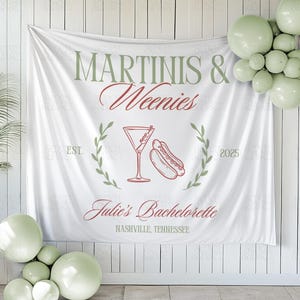 Tinis And Weenies Bachelorette Banner Martinis & Weenies Bachelorette Sign Custom Tapestry Backdrop Dirty Martini Bach Decor Hot Dog Theme