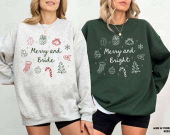 Custom Christmas Bachelorette Sweatshirts Doodle Merry And Bride Crewneck Christmas Bride Sweatshirt Merry And Bright Bach Merch Gifts