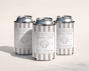 Seashells and Wedding Bells Bachelorette Can Coolers, Custom Beach Bach Drink Sleeve, Slim And Regular Size