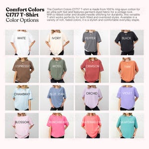 K&ouml;nnte beinhalten: Eine Auswahl an Comfort Colors C1717 T-Shirts in verschiedenen Farben, darunter Wei&szlig;, Elfenbein, Pfeffer, Schwarz, Espresso, Moos, Karmesinrot, Yam, Chambray, Blue Jean, Orchidee, Violett, Blossom, Crunchberry, Wassermelone und Seafoam.