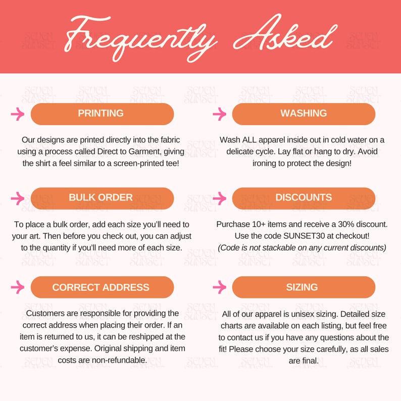 K&ouml;nnte beinhalten: Infografik mit dem Titel "Frequently Asked" in Schreibschrift. Sie enth&auml;lt Informationen zu Druck, Waschen, Gro&szlig;bestellungen, Rabatten, korrekten Adressen und Gr&ouml;&szlig;enangaben f&uuml;r Kleidung. Der Text ist wei&szlig; auf pfirsichfarbenem Hintergrund.