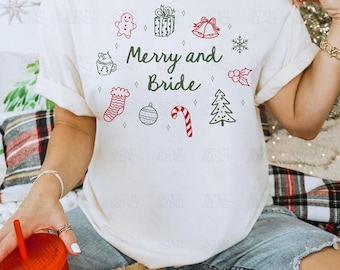 Custom Christmas Bachelorette Shirts Doodle Married And Bride Shirt Christmas Bride Gift Merry And Bright Bach Merch Gift Comfort Colors