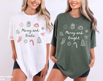 Custom Christmas Bachelorette Shirts Doodle Married And Bride Shirt Christmas Bride Gift Merry And Bright Bach Merch Gift Comfort Colors