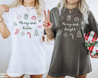 Custom Christmas Bachelorette Shirts Doodle Married And Bride Shirt Christmas Bride Gift Merry And Bright Bach Merch Gift Comfort Colors