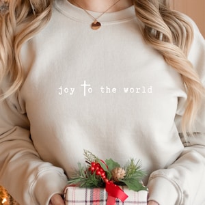 Christliches Weihnachts-Sweatshirt, Joy to the World mit Kreuz, minimalistisches T-Shirt, Weihnachts-Rundhalsausschnitt, Bibel-Vers-T-Shirt, religiöse Weihnachtsgeschenke