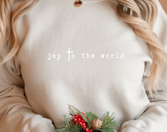 クリスチャン クリスマス スウェットシャツ、十字架で世界に喜びを、ミニマリスト T シャツ、クリスマス クルーネック、聖書の一節 T シャツ、宗教的なクリスマス ギフト