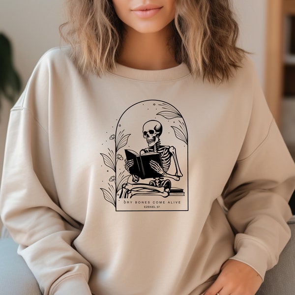 Christian Halloween Skeleton Sweatshirt, Reading Skeleton Sweatshirt, Bible Verse Shirt, Fall Christian Crew neck, Book Loving Crewneck
