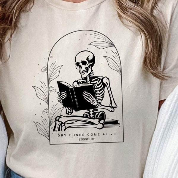 Christian Halloween Skeleton Reading T-Shirt, Reading skeleton With Scripture, Bible Verse Shirt, Fall Christian Graphic Tee, Book Loving