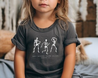 Camiseta cristiana para niños pequeños con esqueleto danzante, camiseta divertida de Halloween para niños, camiseta para niños pequeños con huesos secos, ropa cristiana para niños, esqueleto danzante de otoño