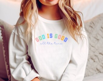 Chicas Dios es buena sudadera, cuello redondo cómodo, camisa de versículo bíblico, camisetas para niñas, camiseta de las Escrituras, sudadera de cuello redondo juvenil, regalo para niñas
