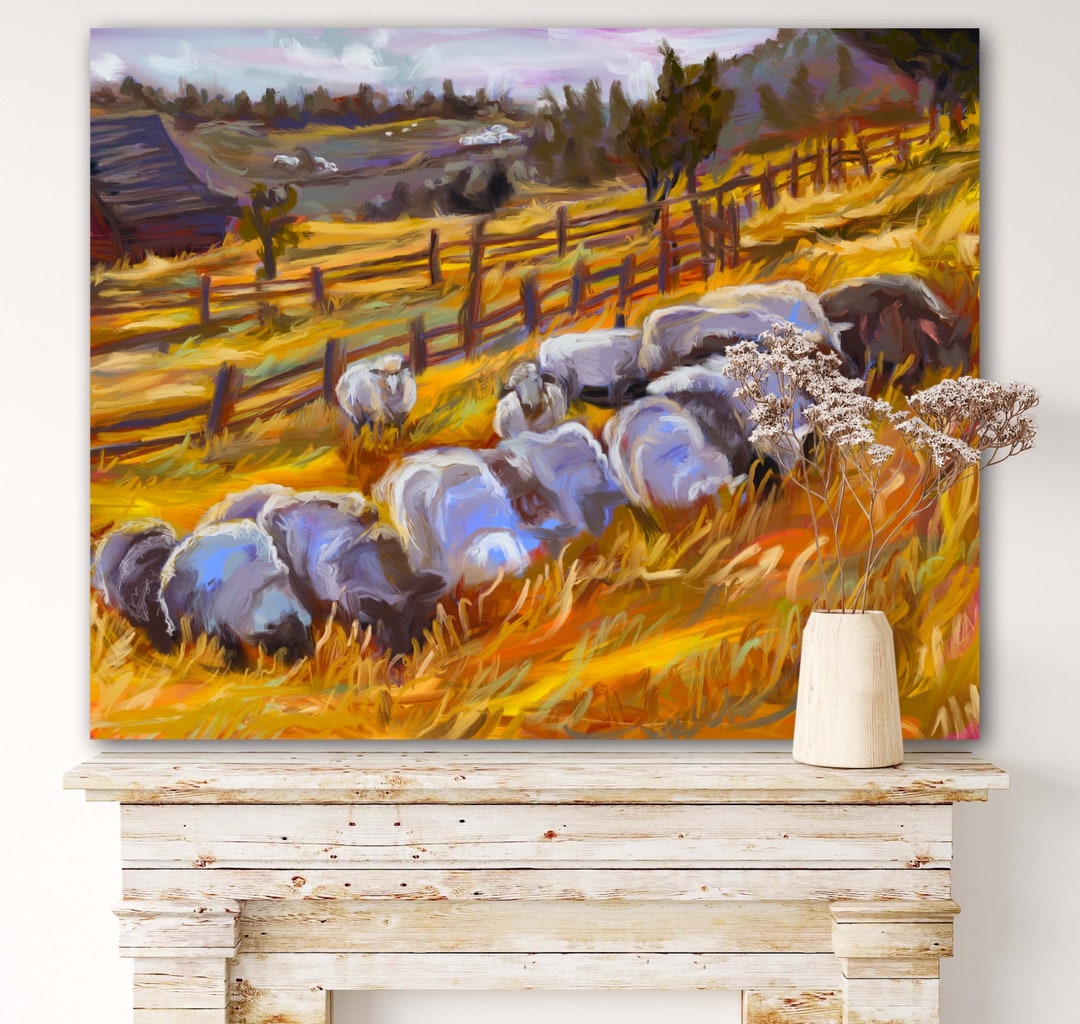 Art Print - Original Artwork - Sheep - Pasture Landscape - Farmhouse ...