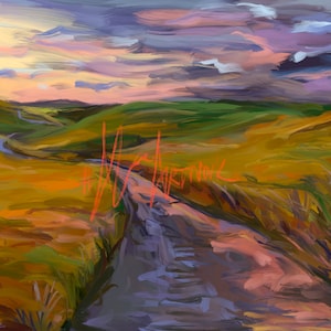 Stampa artistica - Konza Prairie Dirt Road - pittura di paesaggio - campagna del Kansas - paesaggio del Midwest - biglietti di auguri - arte a prezzi accessibili