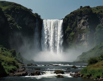 Op de afbeelding: Een krachtige waterval stort naar beneden van een rotsachtige klif, waardoor een mistige spray ontstaat. Weelderige groene vegetatie omringt de voet van de waterval, met een rivier die door de rotsen stroomt.