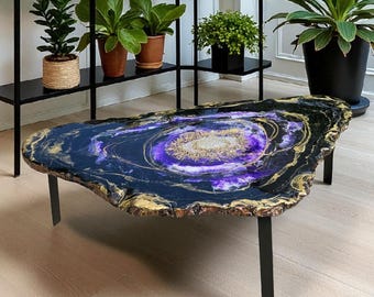 ハンドメイドオリーブウッドCテーブル：オーシャンレジンアート