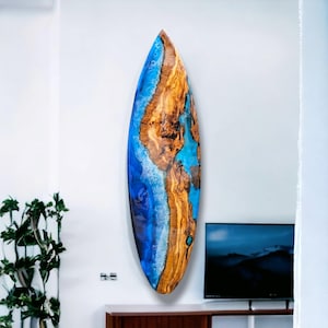 Epoxy Resin Wall Art: Surfboard Design with Sea Wave Effect and Selenite Crystals | Handcrafted Ocean wave | Coastal Decor