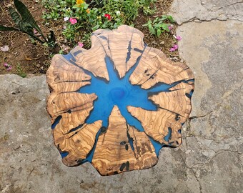 Live Edge Olive Wood Coffee Table: Matte Blue Epoxy Resin