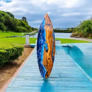 Handcrafted Olive Wood Surfboard Wall Art – Epoxy Resin Beach Decor, Hawaiian Coastal Home Accent | Beach House Art | Ocean Lover Gift