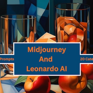 May include: A still life image with two glasses of liquid and three red apples. The glasses are clear and the liquid is a dark orange color. The apples are red with yellow highlights. The background is a dark blue and green geometric pattern. The text "Midjourney And Leonardo AI" is in the center of the image. The text "1000 Prompts" is in the lower left corner of the image. The text "20 Categories" is in the lower right corner of the image.