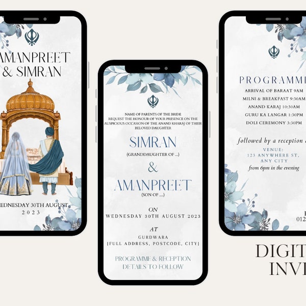 Paquete de invitación de boda punjabi sikh digital editable, invitación azul y dorada sin papel, guardar la fecha, Anand Kharaj, itinerario de boda