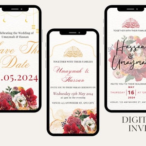 Editable Digital Muslim Wedding Invitation Bundle, Paperless Red and Gold Invite, Save the Date, Islamic Nikkah, Walimah Card