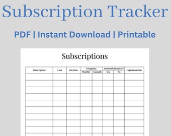 Tracker di abbonamento per spese mensili e annuali, modello, budget, stampabile, PDF